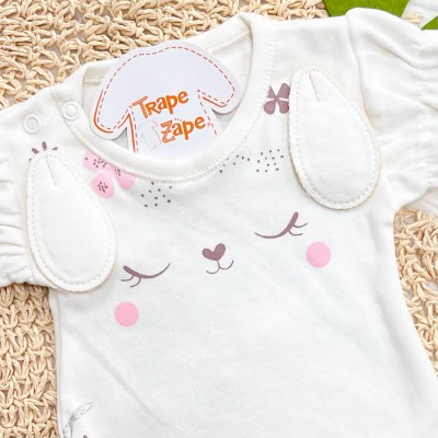 Kit 3 Peças - Bodys Manga Curta Cachorrinha com Flores - Rosa, Off White e Rose